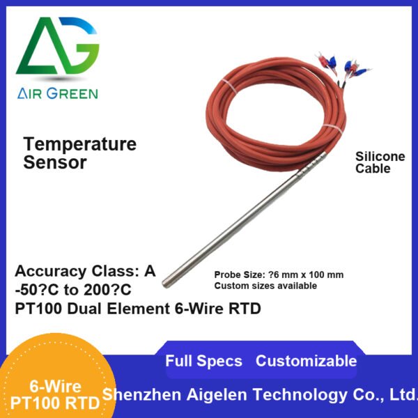 PT100 Dual Element 6-Wire RTD Temperature Sensor Silicone Cable Waterproof Probe -50 to 200C